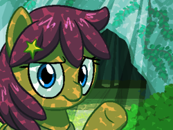 Size: 800x600 | Tagged: safe, artist:rangelost, oc, oc only, oc:trailblazer, earth pony, pony, cyoa:d20 pony, bush, cave, female, grass, hairpin, looking at you, mare, outdoors, pixel art, solo, underhoof