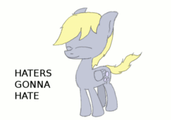 Size: 500x350 | Tagged: safe, derpy hooves, pegasus, pony, g4, animated, bouncing, cute, derpabetes, female, gif, haters gonna hate, mare, meme, prancing, smiling, text