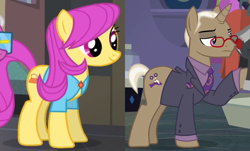 Size: 1200x725 | Tagged: safe, edit, edited screencap, screencap, bracer britches, pursey pink, pony, unicorn, fake it 'til you make it, g4, rarity takes manehattan, crack shipping, female, glasses, male, open front blouse, purseybritches, shipping, shipping domino, stallion, straight