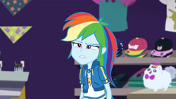 Size: 3410x1920 | Tagged: safe, screencap, rainbow dash, dashing through the mall, equestria girls, equestria girls series, g4, holidays unwrapped, spoiler:eqg series (season 2), clothes, cutie mark, cutie mark on clothes, female, geode of super speed, hoodie, jewelry, magical geodes, necklace, solo, suspicious
