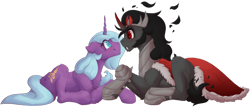 Size: 1024x439 | Tagged: safe, artist:spectrasus, idw, king sombra, radiant hope, pony, umbrum, unicorn, g4, fangs, female, gorget, jewelry, looking at each other, male, mare, regalia, ship:hopebra, shipping, simple background, stallion, straight, transparent background