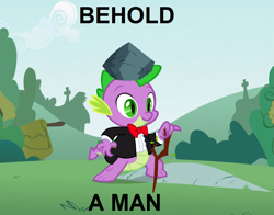 Size: 1153x905 | Tagged: safe, edit, edited screencap, screencap, spike, dragon, feeling pinkie keen, g4, bowtie, caption, clothes, cropped, plato's man, rock, solo, stick, text, tuxedo