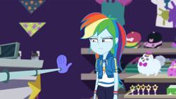 Size: 3410x1920 | Tagged: safe, screencap, rainbow dash, dashing through the mall, equestria girls, equestria girls series, holidays unwrapped, spoiler:eqg series (season 2), clothes, cutie mark, cutie mark on clothes, female, geode of super speed, hoodie, jewelry, magical geodes, necklace, rainbow dash is not amused, solo, unamused