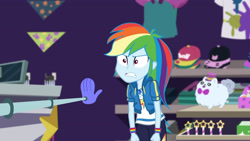Size: 3410x1920 | Tagged: safe, screencap, rainbow dash, dashing through the mall, equestria girls, equestria girls specials, g4, my little pony equestria girls: better together, my little pony equestria girls: holidays unwrapped, angry, clothes, cutie mark, cutie mark on clothes, female, geode of super speed, hoodie, jewelry, magical geodes, necklace, ragebow dash, solo