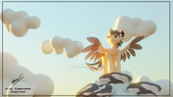 Size: 1192x670 | Tagged: safe, artist:irshadhazmi, oc, oc only, oc:hearty felt, pegasus, pony, 3d, blender, cloud, looking back, mountain, signature, sky, solo, spread wings, wings