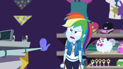 Size: 3410x1920 | Tagged: safe, screencap, rainbow dash, dashing through the mall, equestria girls, equestria girls series, g4, holidays unwrapped, spoiler:eqg series (season 2), angry, clothes, cutie mark, cutie mark on clothes, female, geode of super speed, hoodie, jewelry, magical geodes, necklace, open mouth, ragebow dash, solo