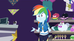 Size: 3410x1920 | Tagged: safe, screencap, rainbow dash, dashing through the mall, equestria girls, equestria girls series, g4, holidays unwrapped, spoiler:eqg series (season 2), clothes, cutie mark, cutie mark on clothes, female, geode of super speed, hoodie, jewelry, magical geodes, necklace, solo