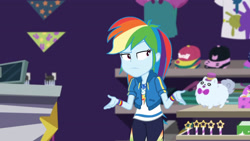 Size: 3410x1920 | Tagged: safe, screencap, rainbow dash, dashing through the mall, equestria girls, equestria girls series, holidays unwrapped, spoiler:eqg series (season 2), clothes, cutie mark, cutie mark on clothes, female, geode of super speed, hoodie, jewelry, magical geodes, necklace, rainbow dash is not amused, solo, unamused