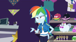 Size: 3410x1920 | Tagged: safe, screencap, rainbow dash, dashing through the mall, equestria girls, equestria girls series, holidays unwrapped, spoiler:eqg series (season 2), clothes, cutie mark, cutie mark on clothes, female, geode of super speed, hand on hip, hoodie, jewelry, magical geodes, necklace, rainbow dash is not amused, solo, unamused