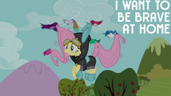 Size: 1280x720 | Tagged: safe, edit, edited screencap, editor:quoterific, screencap, fluttershy, bird, pegasus, pony, g4, magic duel, season 3, apple, apple tree, bunny ears, clothes, cloud, costume, dangerous mission outfit, female, flying, food, goggles, hoodie, mare, scared, tree