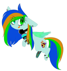 Size: 2376x2517 | Tagged: safe, artist:mediasmile666, oc, oc only, pegasus, pony, ear piercing, earring, fangs, female, floppy ears, flying, headphones, heterochromia, high res, jewelry, licking, licking lips, mare, piercing, simple background, solo, tongue out, transparent background
