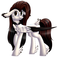 Size: 2437x2460 | Tagged: safe, artist:mediasmile666, oc, oc only, pegasus, pony, art trade, female, floppy ears, folded wings, high res, mare, raised hoof, simple background, solo, standing, tail feathers, transparent background, wings