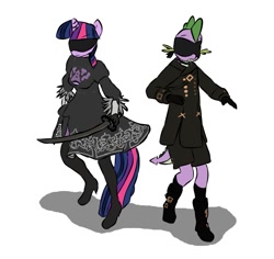 Size: 975x922 | Tagged: safe, anonymous artist, derpibooru exclusive, spike, twilight sparkle, dragon, pony, anthro, g4, 2b, 9s, blindfold, breasts, clothes, cosplay, costume, crossover, duo, female, katana, male, mare, nier: automata, pants, ship:twispike, shipping, skirt, straight, sword, weapon