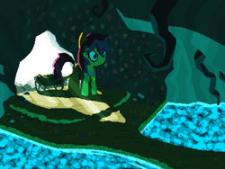 Size: 800x600 | Tagged: safe, artist:rangelost, oc, oc only, oc:trailblazer, earth pony, pony, cyoa:d20 pony, cart, cave, female, mare, outdoors, pixel art, pond, solo, standing