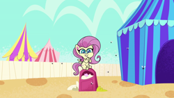 Size: 1920x1080 | Tagged: safe, screencap, fluttershy, fly, insect, pegasus, pony, g4.5, lolly-pop, my little pony: pony life, carnival, crystal empire carnival, female, mare, solo, tent, trash can