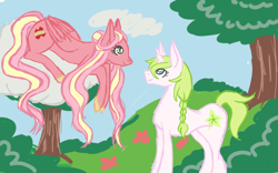 Size: 1280x800 | Tagged: safe, artist:citrusskittles, oc, oc only, oc:anthea, oc:royal empire, pegasus, pony, unicorn, adopted offspring, cloud, duo, female, interdimensional siblings, looking at each other, lying down, lying on a cloud, mare, offspring, on a cloud, parent:big macintosh, parent:fluttershy, parents:fluttermac