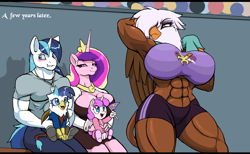 Size: 2484x1532 | Tagged: safe, artist:droll3, gilda, princess cadance, princess flurry heart, shining armor, oc, alicorn, griffon, hippogriff, hybrid, ponygriff, unicorn, anthro, g4, abs, adonis belt, armpits, bench, biceps, big breasts, bisexual, blushing, breasts, buff breasts, busty gilda, busty princess cadance, cleavage, clothes, compression shorts, crown, embarrassed, equestria games, father and child, father and daughter, father and son, female, gildarmor, gildarmordance, half-siblings, huge breasts, interspecies offspring, jewelry, lady pecs, lesbian, looking at each other, male, milf, mother and child, mother and daughter, mother and son, muscles, muscular female, muscular male, offspring, ot3, parent:gilda, parent:princess cadance, parent:shining armor, parents:gildarmor, pecs, polyamory, quadriceps, regalia, rippda, ship:shiningcadance, shipping, sitting, smug, smugdance, sports bra, sports panties, straight, stupid sexy gilda, thighs, thunder thighs, towel, workout outfit