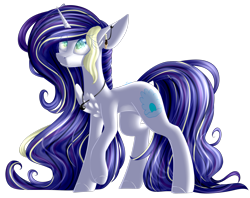 Size: 2753x2179 | Tagged: safe, artist:mediasmile666, oc, oc only, pony, unicorn, art trade, chest fluff, ear piercing, earring, eye reflection, female, high res, jewelry, long mane, long tail, looking up, mare, necklace, pendant, piercing, raised eyebrow, raised hoof, reflection, simple background, smiling, solo, standing, transparent background