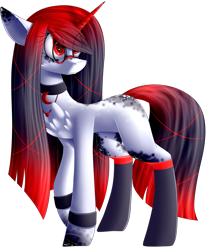 Size: 2245x2672 | Tagged: safe, artist:mediasmile666, oc, oc only, pony, unicorn, choker, clothes, coat markings, female, glasses, high res, looking up, mare, raised hoof, simple background, socks, solo, transparent background