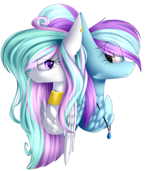 Size: 2263x2651 | Tagged: safe, artist:mediasmile666, oc, oc only, pony, bust, chest fluff, choker, duo, ear piercing, earring, female, high res, jewelry, mare, pendant, piercing, simple background, starry eyes, transparent background, wingding eyes