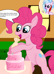 Size: 3200x4400 | Tagged: safe, artist:profyurko, pinkie pie, silverstream, classical hippogriff, earth pony, hippogriff, pony, g4, bipedal, cake, female, food, hind legs, jewelry, mare, necklace, notepad, quill