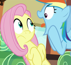 Size: 775x713 | Tagged: safe, screencap, fluttershy, rainbow dash, pegasus, pony, buckball season, g4, season 6, cropped, duo, female, frown, great moments in animation, hooves on cheeks, mare, open mouth, out of context, rainbow dash is best facemaker, wat