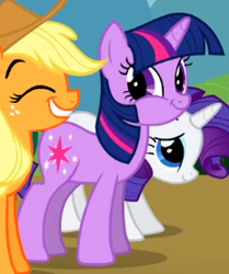 Size: 232x277 | Tagged: safe, screencap, applejack, rarity, twilight sparkle, earth pony, pony, unicorn, season 1, swarm of the century, cropped, cute, eyes closed, face of mercy, faic, female, great moments in animation, looking at you, majestic as fuck, mare, smiling, smirk, twiabetes, twiface, twilight sparkle is best facemaker, unicorn twilight, varying degrees of want, wrong neighborhood