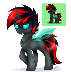 Size: 2764x2809 | Tagged: safe, artist:megabait, oc, oc only, changeling, pony, pony town, high res, red and black oc, scarface, striped hair, wings