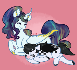 Size: 1650x1500 | Tagged: safe, artist:lavvythejackalope, oc, oc only, alicorn, pegasus, pony, alicorn oc, colored hooves, duo, eyes closed, horn, looking back, lying down, pegasus oc, prone, smiling, wings