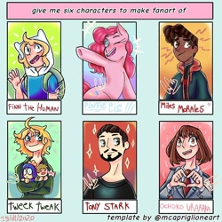 Size: 768x768 | Tagged: safe, pinkie pie, earth pony, human, pony, g4, adventure time, bust, clothes, crossover, dark skin, female, finn the human, male, mare, marvel cinematic universe, miles morales, my hero academia, one eye closed, open mouth, six fanarts, spider-man: into the spider-verse, tony stark, underhoof, wink