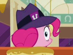 Size: 259x194 | Tagged: safe, screencap, pinkie pie, earth pony, pony, g4, season 6, the saddle row review, animated, booth, callback, clone, cropped, diner, duality, female, food, gif, hat, implied mirror pool, looking at you, looking back, mare, offscreen character, pancakes, pinkie clone, solo focus, syrup, wide eyes