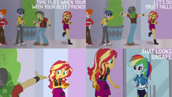 Size: 1280x720 | Tagged: safe, edit, edited screencap, editor:quoterific, screencap, heath burns, micro chips, rainbow dash, sandalwood, sunset shimmer, a fine line, equestria girls, g4, my little pony equestria girls: better together, cellphone, clothes, cutie mark, cutie mark on clothes, eyes closed, female, geode of empathy, geode of super speed, glasses, hand on hip, hoodie, jacket, leather, leather jacket, magical geodes, male, misspelling, phone, shoes, smartphone, smiling, trust fall