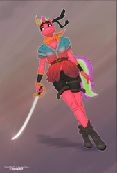 Size: 2372x3500 | Tagged: safe, artist:mazinga669, oc, oc only, oc:starbrighté, unicorn, anthro, anthro oc, bandana, belt, boots, bracer, clothes, cutlass, high res, pirate, shirt, shoes, shorts, skull and crossbones, smiling, smirk, solo, sword, weapon