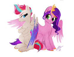 Size: 2028x1567 | Tagged: safe, artist:opalacorn, pipp petals, zipp storm, pegasus, pony, g5, adorapipp, adorazipp, colored wings, cute, duo, female, hoof fluff, mare, multicolored wings, royal sisters (g5), siblings, signature, simple background, sisters, smiling, spread wings, unshorn fetlocks, white background, wings