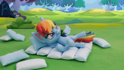 Size: 1920x1080 | Tagged: safe, screencap, rainbow dash, pony, g4.5, my little pony: stop motion short, pillow fight (short), pillow, solo, stop motion