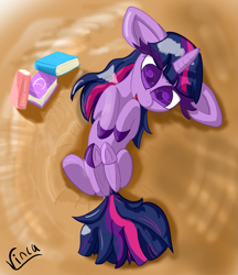 Size: 3169x3664 | Tagged: safe, artist:vinca, twilight sparkle, pony, unicorn, g4, big ears, book, colored pupils, female, high res, lying down, mare, on back, solo, unicorn twilight