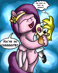 Size: 1280x1600 | Tagged: safe, artist:saburodaimando, pipp petals, oc, oc:wanda young, human, pegasus, pony, g5, belly button, bipedal, duo, eyes closed, female, hug, mare, open mouth, speech bubble, thought bubble