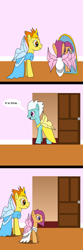 Size: 800x2400 | Tagged: safe, artist:platinumdrop, fleetfoot, scootaloo, spitfire, fairy, g4, alternate hairstyle, clothes, comic, dress, fairy wings, request, speech bubble, wings