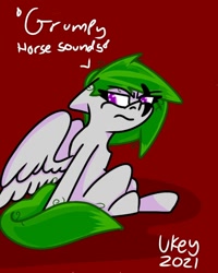 Size: 768x960 | Tagged: safe, artist:ukedideka, oc, oc only, oc:quizzical aphre, pegasus, pony, green hair, grumpy, looking sideways, looking to left, pegasus oc, purple eyes, red background, simple background, sitting, solo, spread wings, text, wings