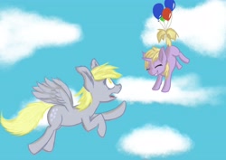 Size: 4096x2896 | Tagged: safe, artist:simplesaemple, derpy hooves, dinky hooves, pegasus, pony, g4, adult fear, balloon, cloud, female, filly, mare, simple background, uh oh