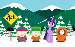 Size: 1354x858 | Tagged: safe, twilight sparkle, alicorn, human, g4, awkward, awkward moment, bus stop, clothes, comedy central, confused, crossover, expression, gloves, head tilt, height difference, kenny mccormick, kyle broflovski, looking at each other, looking at someone, looking at you, male, mountain, mountain range, road sign, snow, south park, stan marsh, tree, twilight sparkle (alicorn), winter