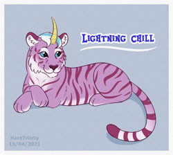 Size: 1200x1074 | Tagged: safe, artist:haretrinity, lightning chill, big cat, tiger, g4.5, blue background, curved horn, female, horn, lying down, prone, realistic, simple background, solo