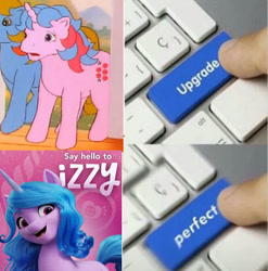 Size: 726x735 | Tagged: safe, edit, izzy moonbow, pony, unicorn, g1, g5, my little pony 'n friends, button, looking at you, open mouth, smiling, upgrade meme