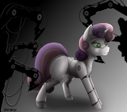 Size: 4000x3540 | Tagged: safe, artist:kviksi, sweetie belle, pony, robot, robot pony, unicorn, g4, :3, female, gray background, mechanical hands, simple background, sweetie bot