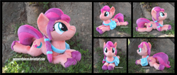 Size: 4155x1754 | Tagged: safe, artist:peruserofpieces, sunny starscout, earth pony, pony, g5, bag, beanie (plushie), braid, braided ponytail, female, irl, looking at you, lying down, mare, photo, plushie, prone, smiling, smiling at you, sploot, tree