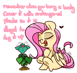 Size: 1500x1432 | Tagged: safe, artist:lou, fluttershy, pegasus, pony, g4, advice, cute, dissonant caption, eyes closed, female, frog (hoof), heart, implied death, implied murder, mare, meme, open mouth, plant, shyabetes, solo, text, underhoof