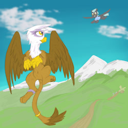 Size: 1280x1280 | Tagged: safe, artist:pzkratzer, gilda, thunderlane, griffon, pegasus, pony, g4, belly button, clothes, duo, female, flying, gildalane, jewelry, male, mountain, paw pads, ring, shipping, sketch, stallion, straight