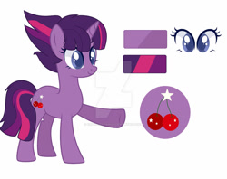 Size: 1280x1012 | Tagged: safe, artist:elidrawsthings, artist:mint-light, oc, oc only, oc:cherry star, pony, unicorn, base used, blue eyes, cherry, color palette, cutie mark, deviantart watermark, female, food, horn, magical lesbian spawn, mane stripe, mare, obtrusive watermark, offspring, parent:tempest shadow, parent:twilight sparkle, parents:tempestlight, reference sheet, simple background, solo, unicorn oc, watermark, white background