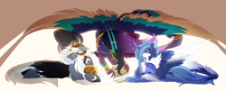 Size: 6290x2543 | Tagged: safe, artist:inspiredpixels, oc, oc only, oc:lunari, oc:pandora, oc:shinabu, alicorn, pegasus, pony, female, lying down, mare, neptune, planet, pony bigger than a planet, prone, saturn, tangible heavenly object, venus