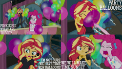 Size: 1280x720 | Tagged: safe, edit, edited screencap, editor:quoterific, screencap, pinkie pie, sunset shimmer, all the world's off stage, all the world's off stage: pinkie pie, equestria girls, g4, my little pony equestria girls: better together, my little pony equestria girls: choose your own ending, balloon, clothes, cutie mark, cutie mark on clothes, eyes closed, female, geode of sugar bombs, jewelry, magical geodes, necklace, one eye closed, open mouth, screaming, tank top, that pony sure does love balloons